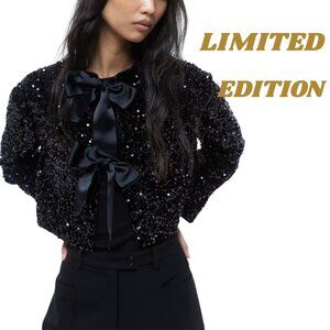 H&M collarless Sequence double bow tie black jacket long sleeves formal party XS